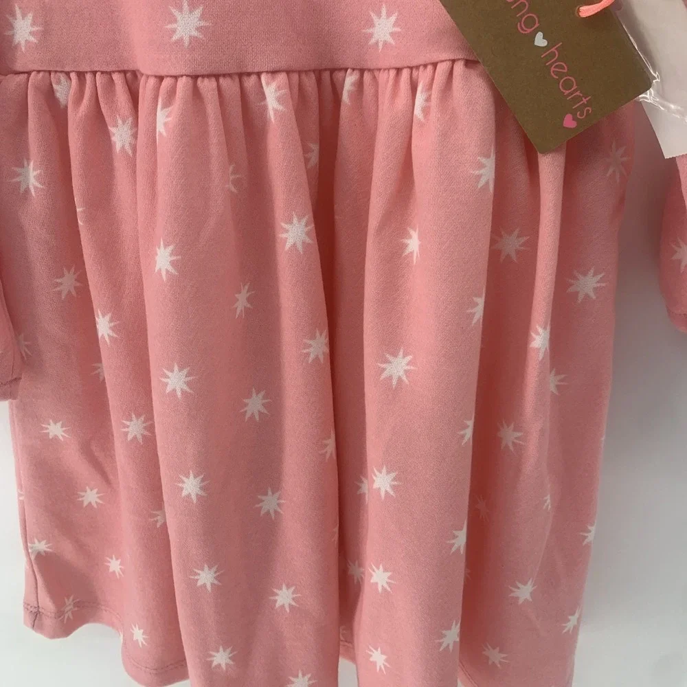 Young Hearts Long Sleeve Dress Pink With White Star Burst Size 5 NEW WITH TAGS